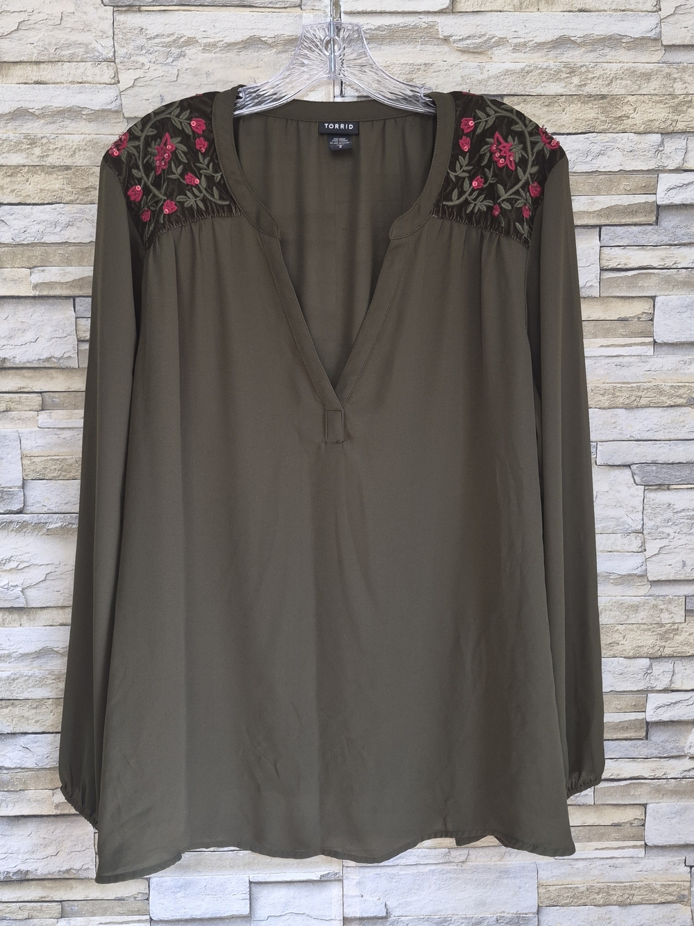 Torrid Blouse Women's Plus Size 2X Olive Green Floral Velvet Yoke Boho Chic